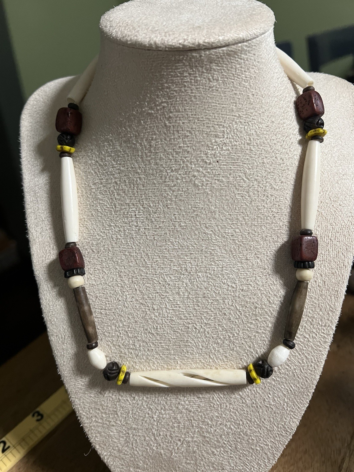 Vintage Native American Style Buffalo Bone Hairpipe Necklace Carved Trade Beads