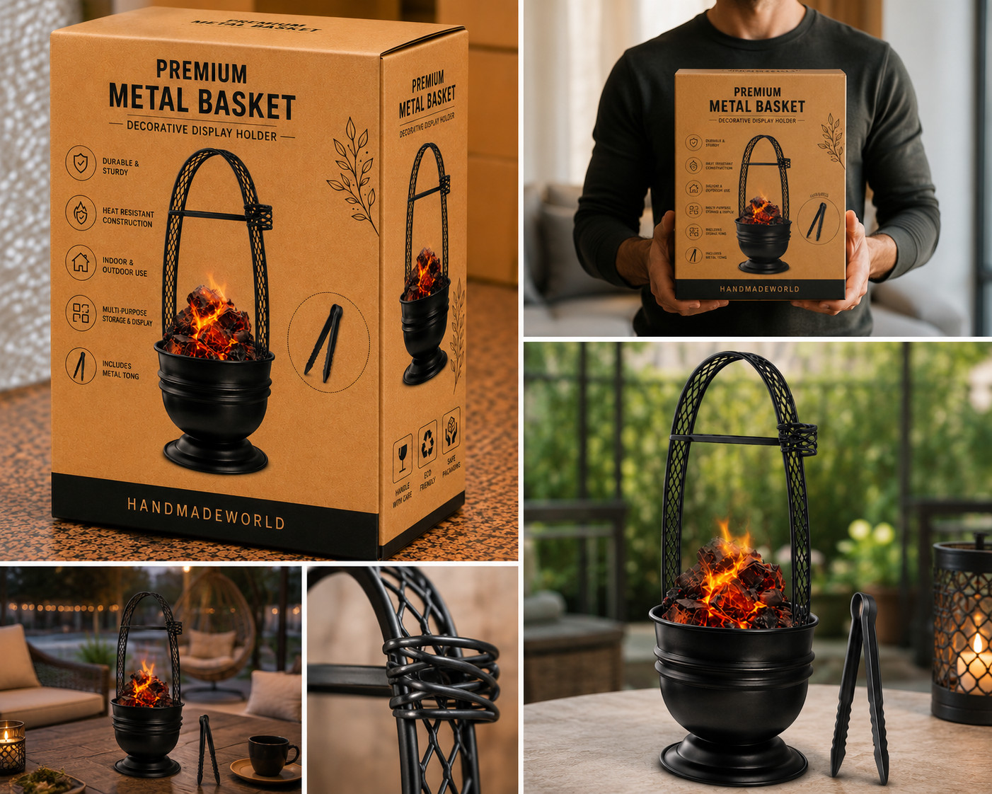 Metal 17in Hookah Charcoal Basket Holder with Tong Heavy Duty Metal Coal Carrier