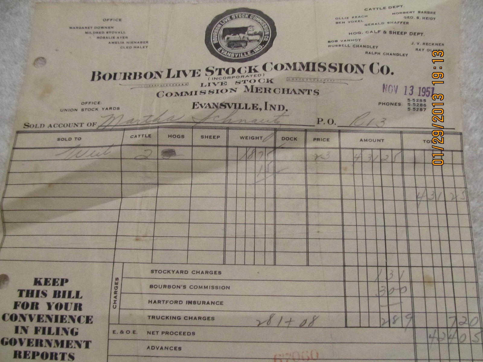 1951 Invoice Receipt Bourbon Live Stock Commission Co. Evansville IN Schnautz 1951 Invoice Receipt Bourbon Live Stock Commission Co. Evansville IN Schnautz