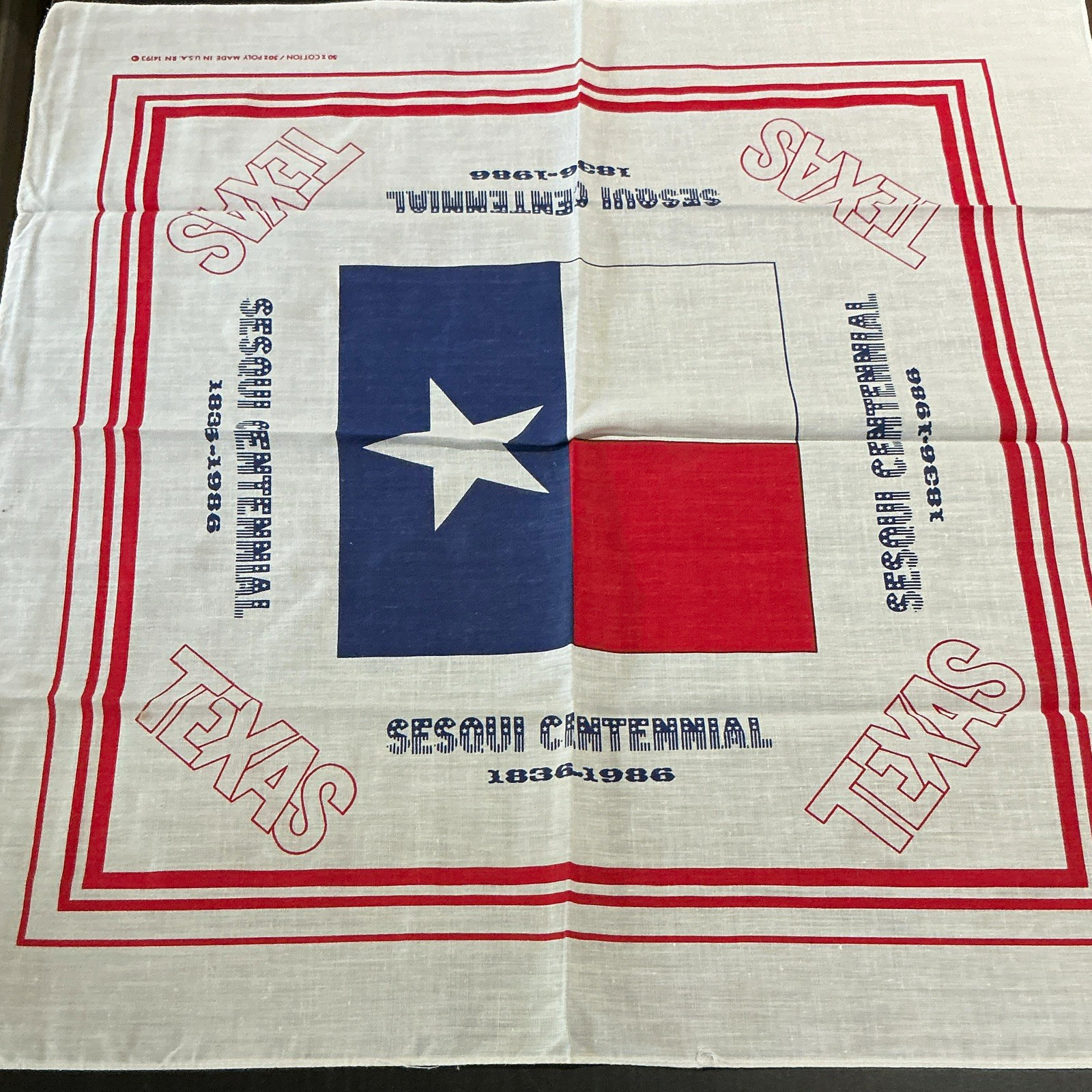 Texas Sesquicentennial Bandana 1836-1986 Texas Flag Souvenir Cloth - 22” x 22”
