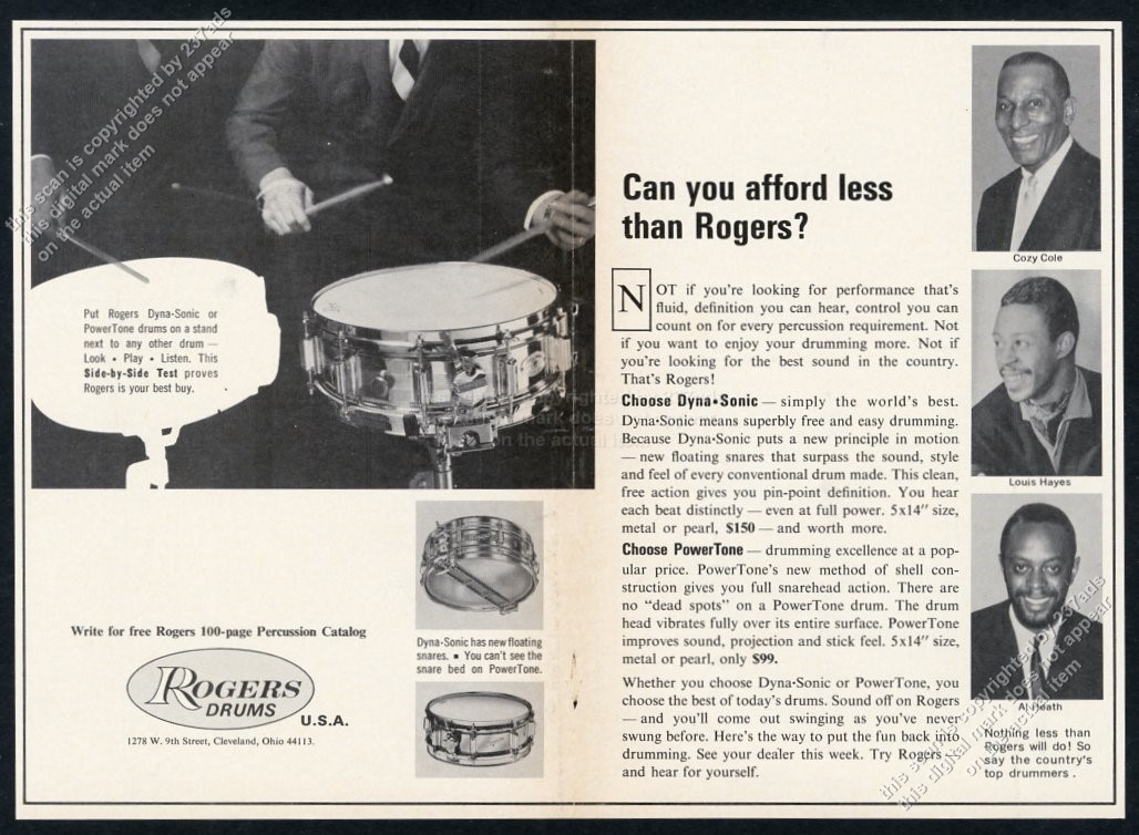 1965 Cozy Cole Louis Hayes Al Heath photo Rogers drums drum vintage print ad