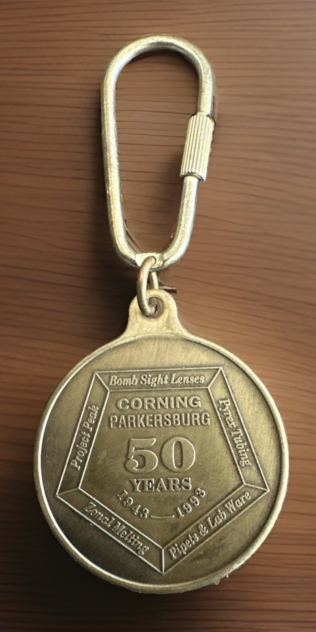 Vtg Corning Glass Works Parkersburg WV 50 Year Anniversary Keychain 1943-1993
