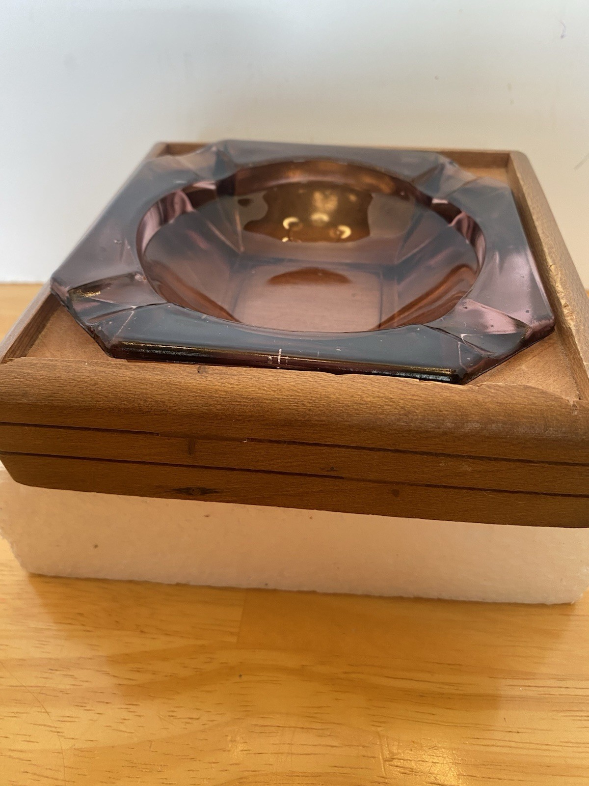 Vtg. (MCM) Purple / Pink Ashtray With Wooden Holder