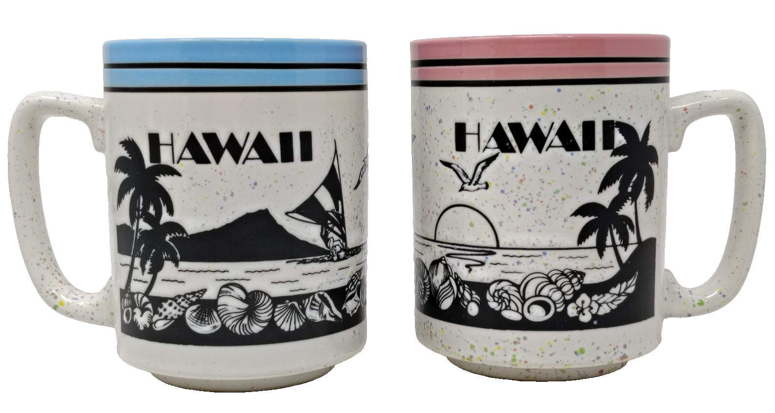 VTG Speckled Stoneware Pottery Hawaii Coffee Mug Cup Set 2 Beach Shell Palm Tree