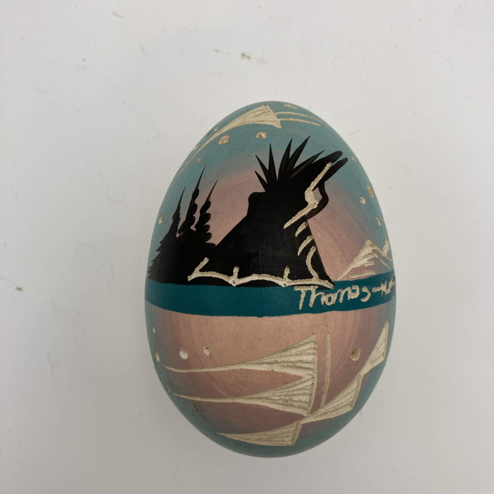 VTG Navajo Keda Dineh Native American Pottery Egg Hand Painted Carved Signed