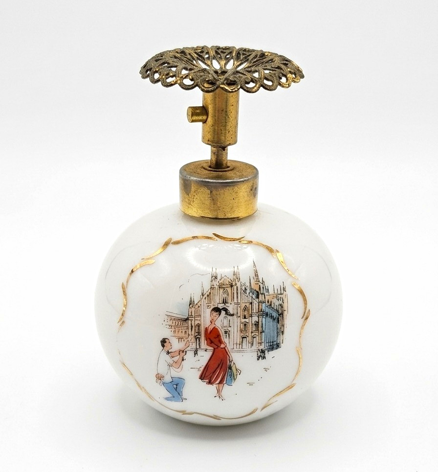 Vintage Irice Glass Perfume Atomizer Bottle Metal Topper Scenic Couple Vintage Irice Glass Perfume Atomizer Bottle Metal Topper Scenic Couple