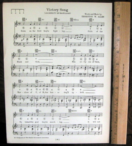 UNIVERSITY OF MARYLAND Football Song Sheet c1929 