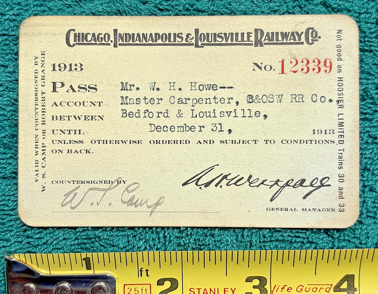 1913 Chicago Indianapolis & Louisville Railway Pass CI&L RR Monon Route Railroad
