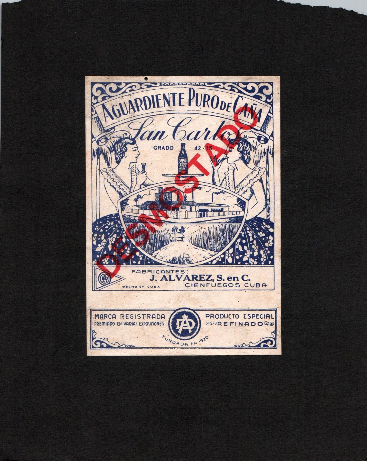 Unused 1930s CUBAN DESMOSTADO Agua Ardiente ALVAREZ SAN CARLOS Rum Label MA6