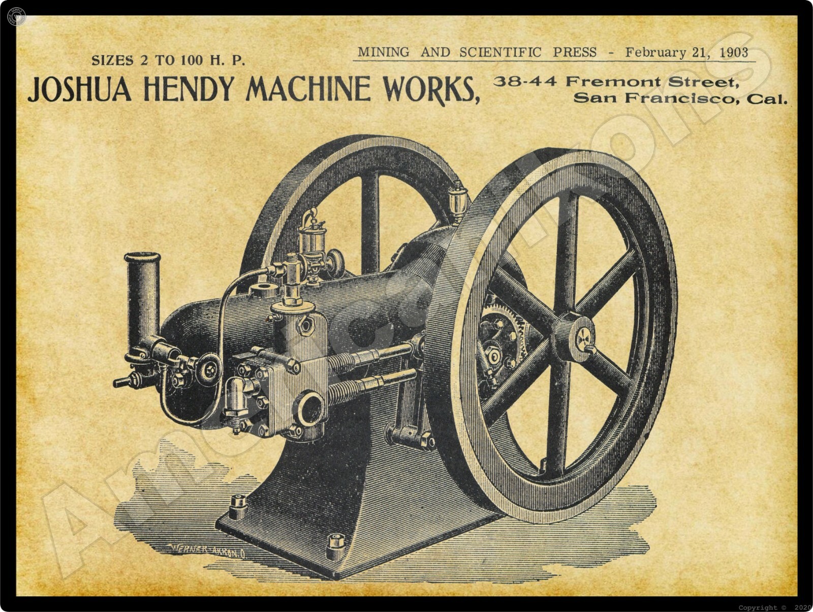 Joshua Hendy Machine Works New Metal Sign: Gas Engines - San Francisco, CA