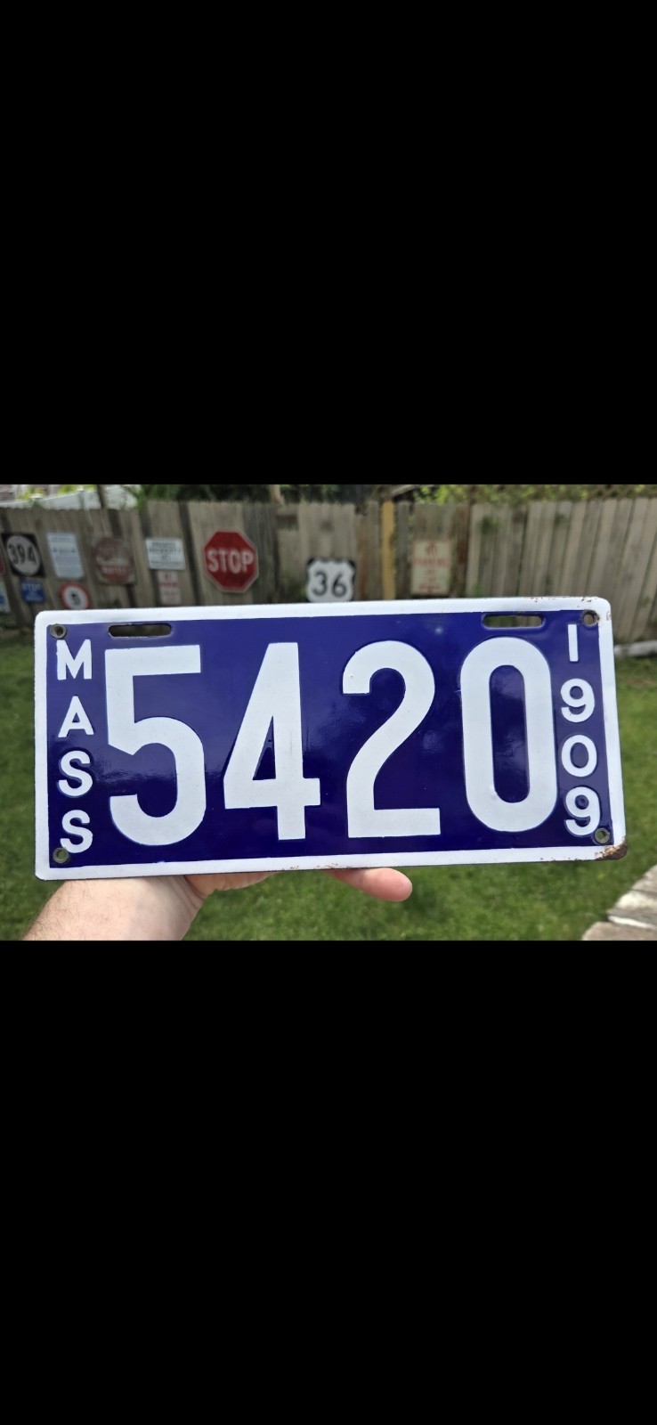 Massachusetts 1909 Vintage License Plate #5420 Blue & White Tag