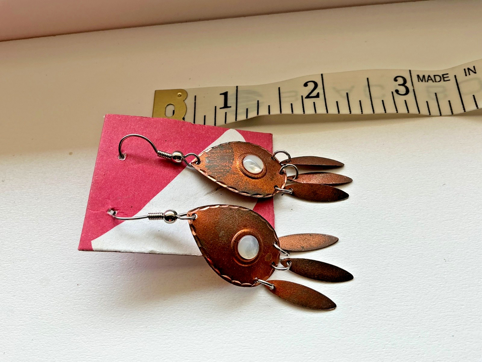Vintage MODERNIST ABSTRACT COPPER 2.5” DANGLE EARRINGS RARE tribal