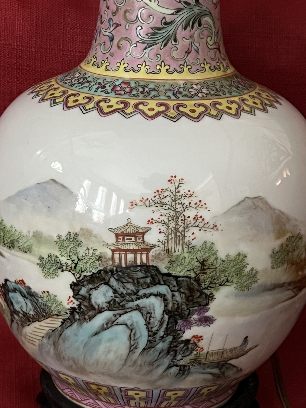 Chinese Famille Rose Poem Porcelain Vase Lamp Republic Period Works