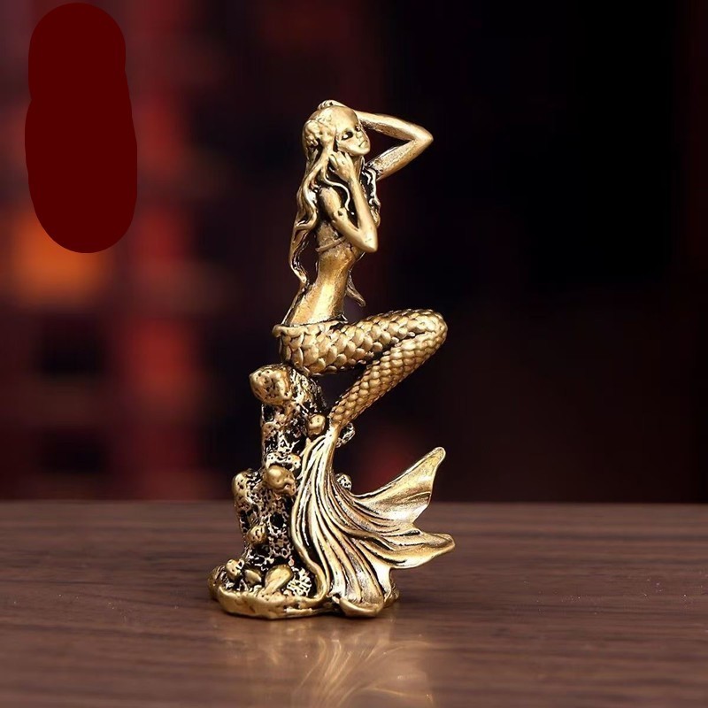 Vintage Brass Mermaid Statue Figurine Retro Copper Desk Ornament Home Decor