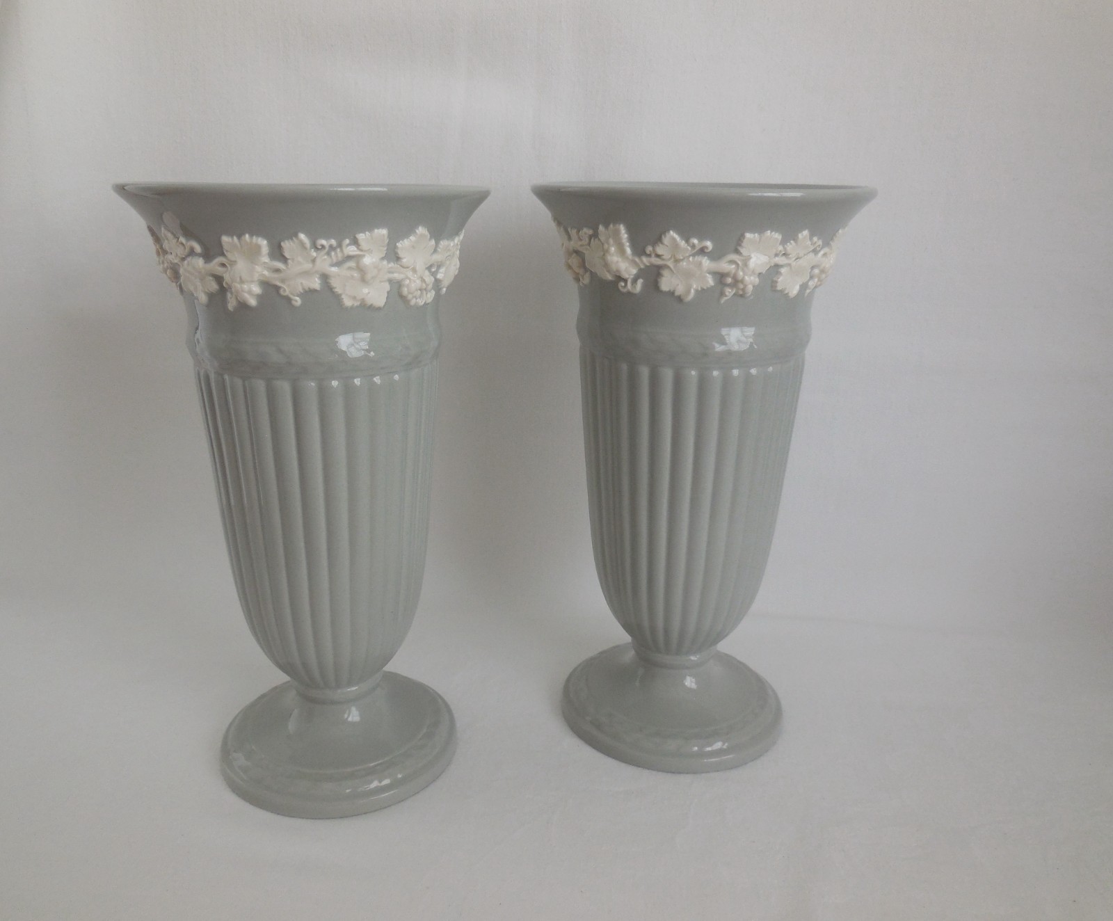 Rare Pair 1955 Wedgwood Gray Grey Embossed Queens Ware Vases Rare Pair 1955 Wedgwood Gray Grey Embossed Queens Ware Vases