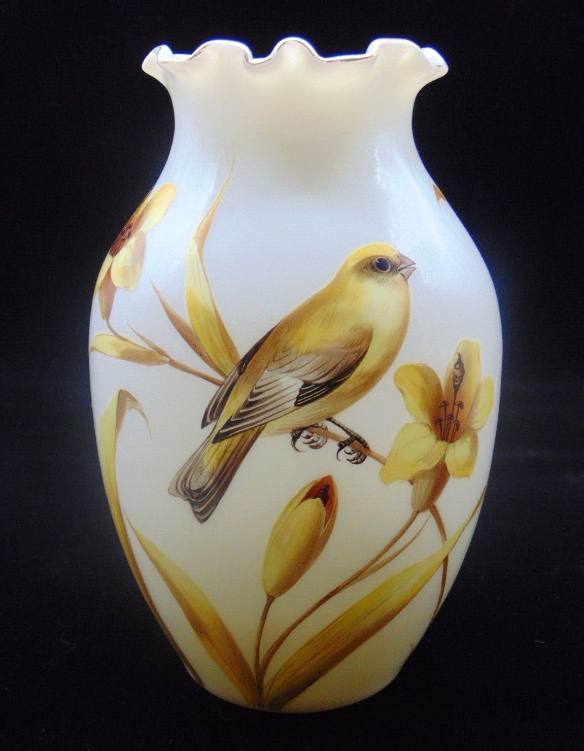 Antique Harrach Bohemian Hand Painted Yellow Bird & Floral Art Glass Vase UV+