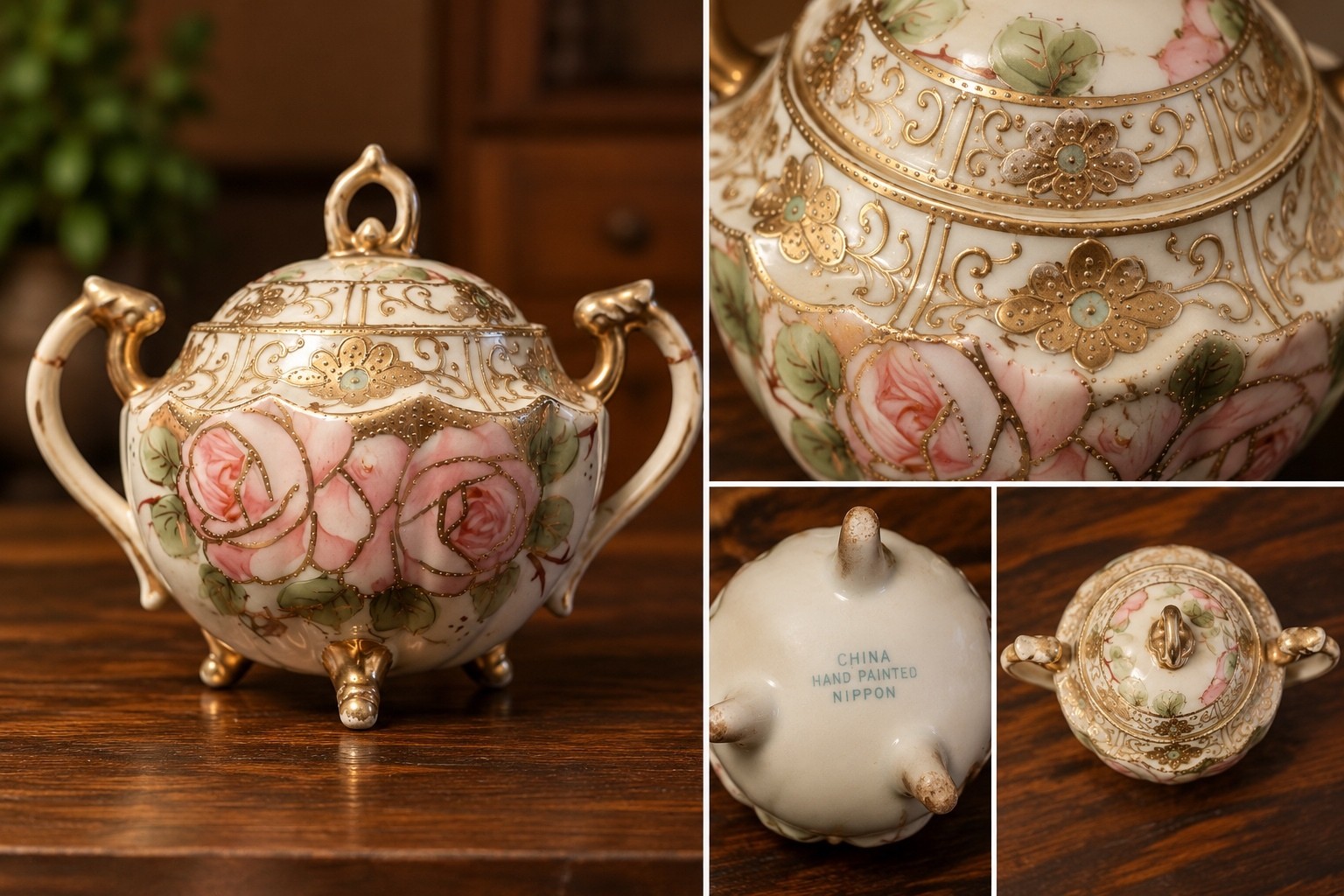 Hand painted Nippon porcelain floral sugar bowl with lid