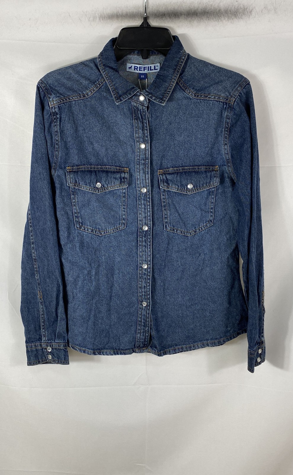 Refill Women\'s Blue Denim Long Sleeve Button Up Western Snap Shirt XL NWT