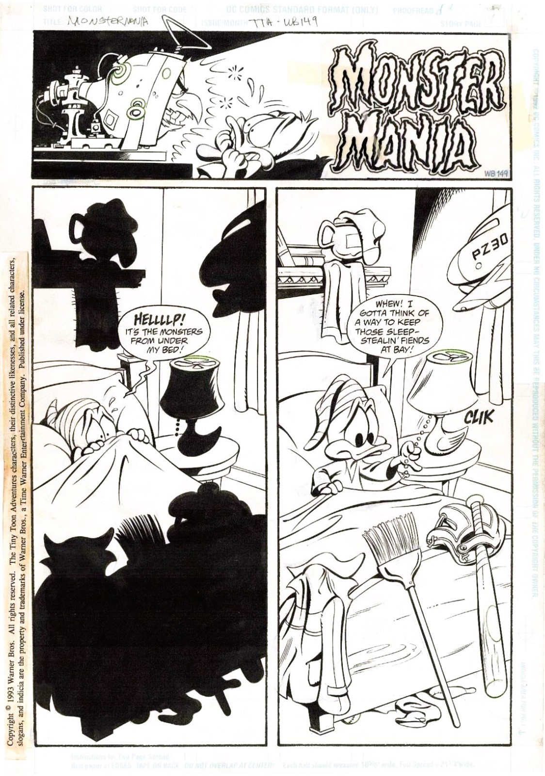 1993 WB DC COMICS TINY TOON ADVENTURES ORIGINAL ART PAGE 1 SPLASH PLUCKY DUCK