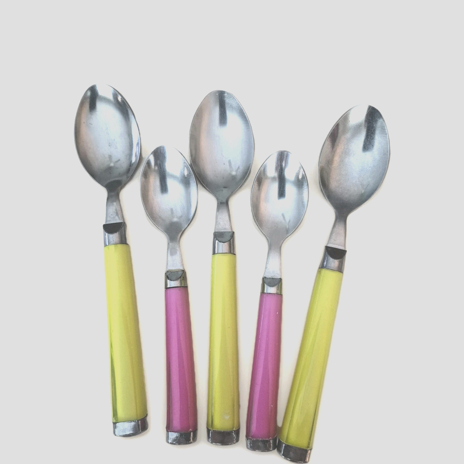 VTG MCM 5 Dessert Spoons Stainless Steel Heads Colorful Handles 1960'S Art Deco VTG MCM 5 Dessert Spoons Stainless Steel Heads Colorful Handles 1960'S Art Deco