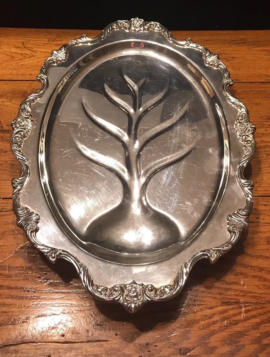 VINTAGE FOOTED MEAT PLATTER ~ SILVERPLATE BY WALLACE SIGNED~ROYAL ROSE #9803