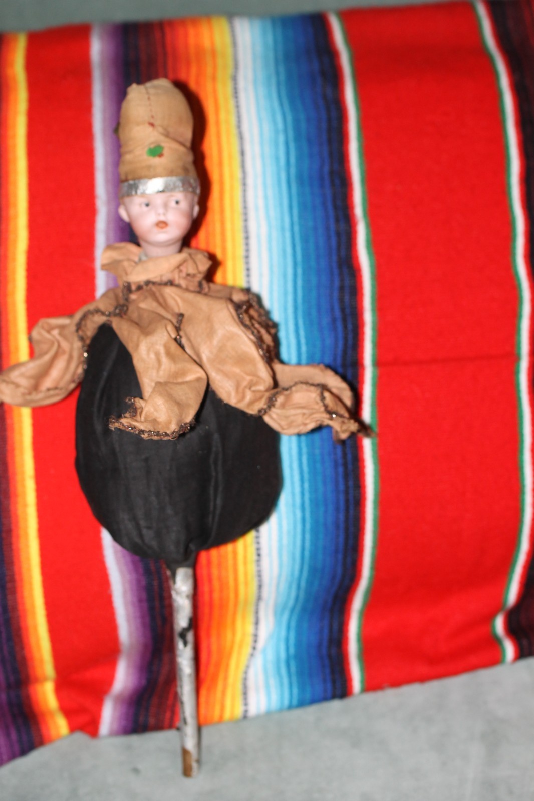 Antique Halloween Bisque Doll Toy Party Favor 7 Deadly Sins on Wooden Stick1920s
