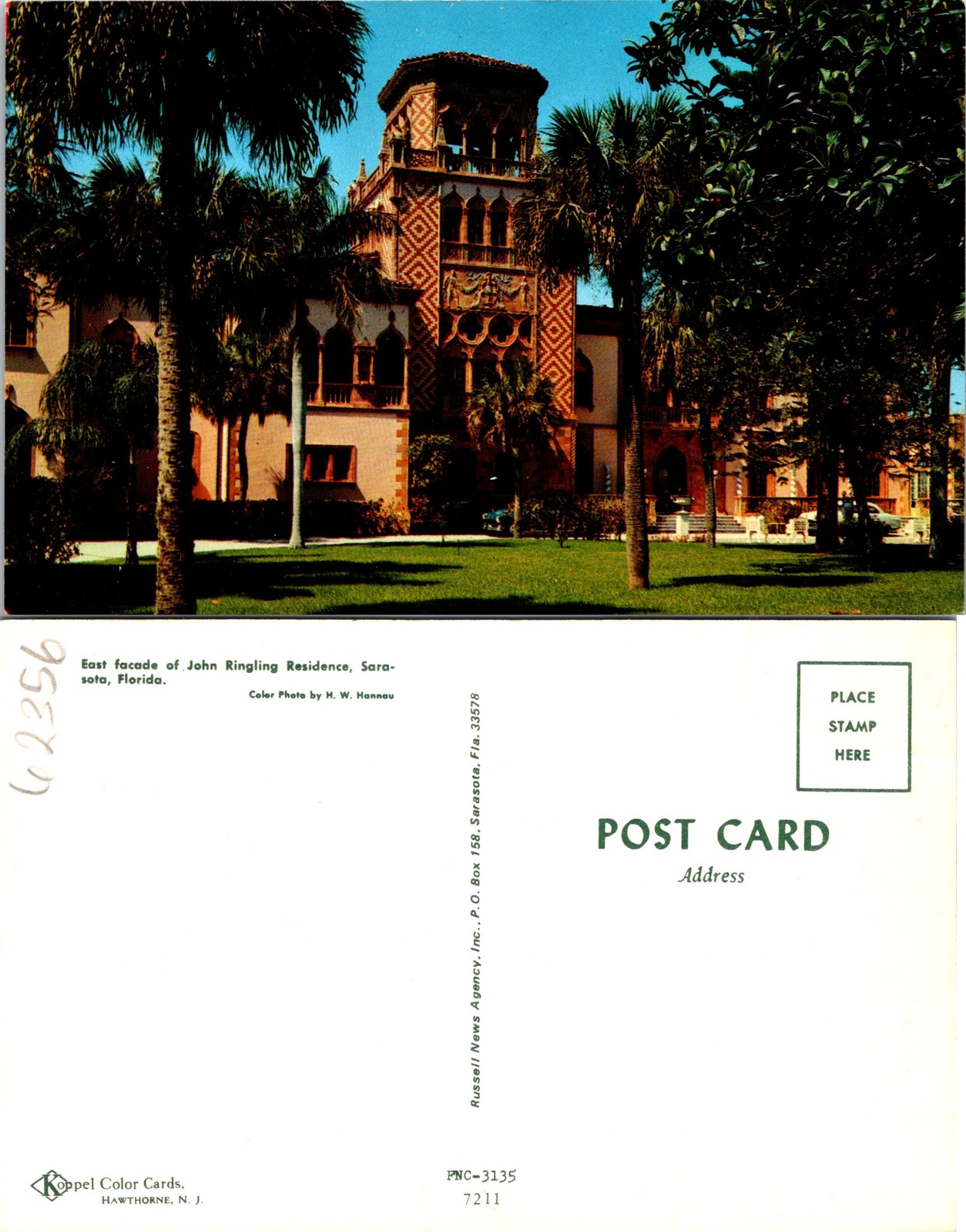 Sarasota FL East Facade Of John Ringling Residence Postcard 62356