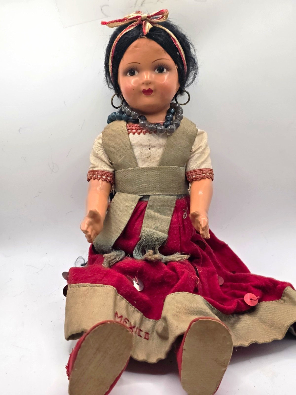 Antique Mexican Doll Composition Cloth Folk Art Sequin Skirt 14\
