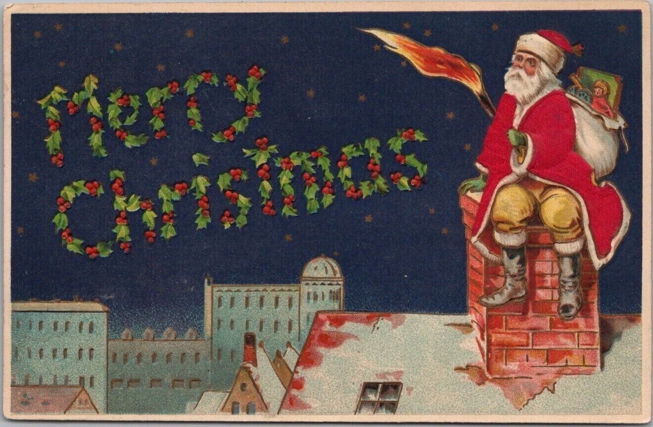Silk Santa Claus on Chimney over City with Holly~ Torch ~Christmas Postcard~h784