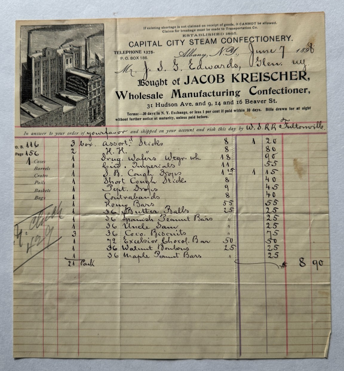 1898 Billhead Albany New York Jacob Kreischer Confectioner Hudson Ave vignette