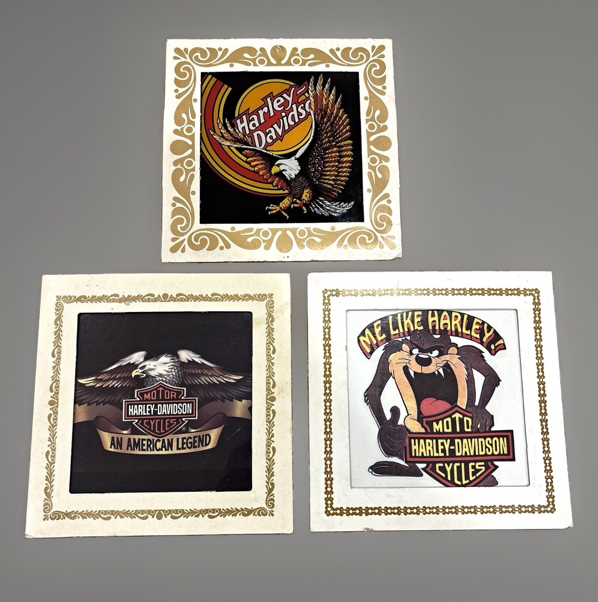 Lot of 3 Vintage Harley Davidson Carnival Prize Framed Glass Art Taz 1980s 