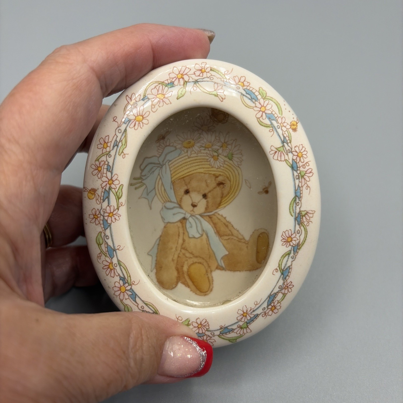Vtg 1992 Cherished Teddies Priscilla Hillman Lidded Oval Porcelain Trinket Box