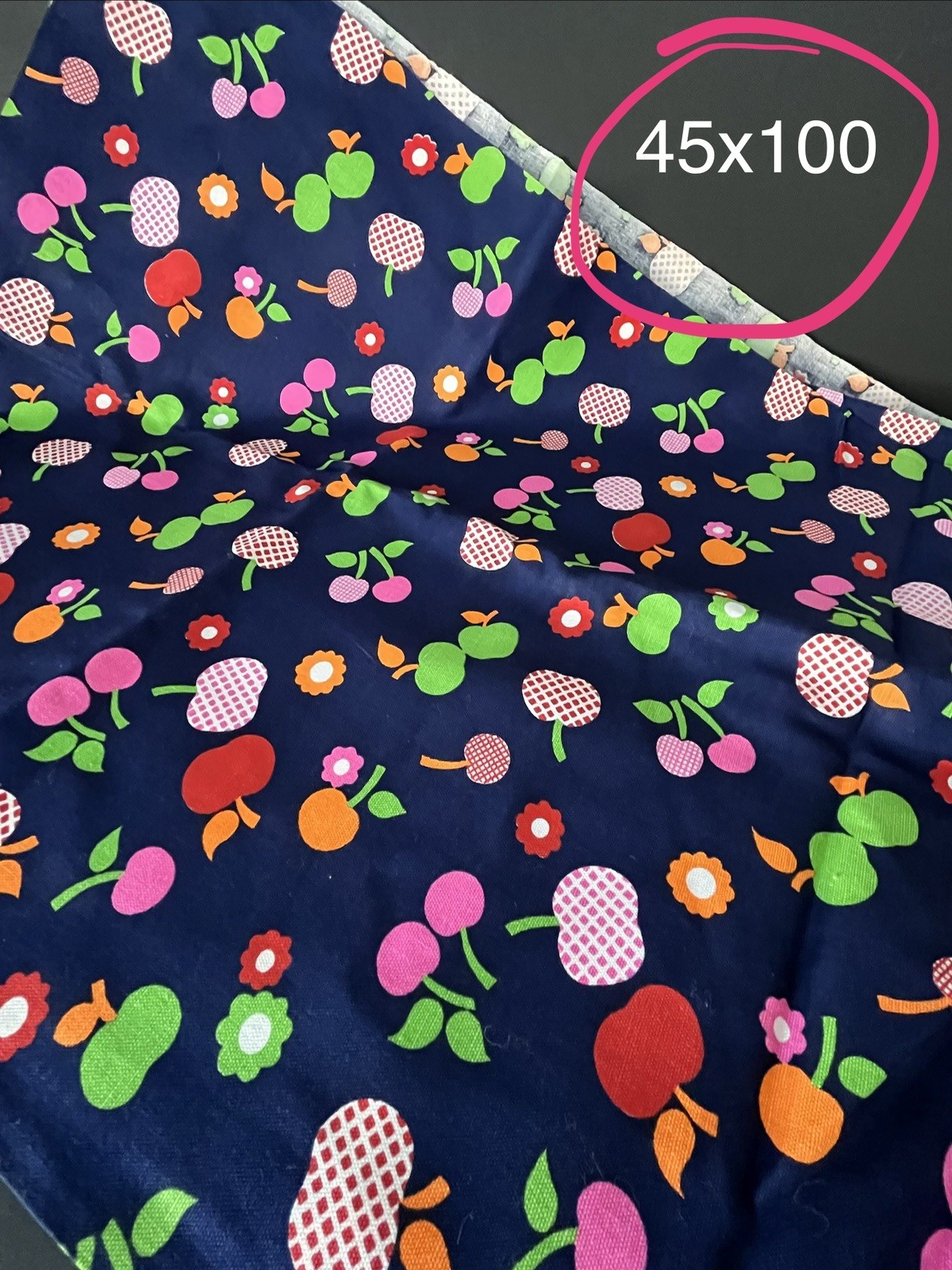 Adorable TRUE Vintage 70s Cotton Fabric Denim Apples Cherries Flowers Navy Blue