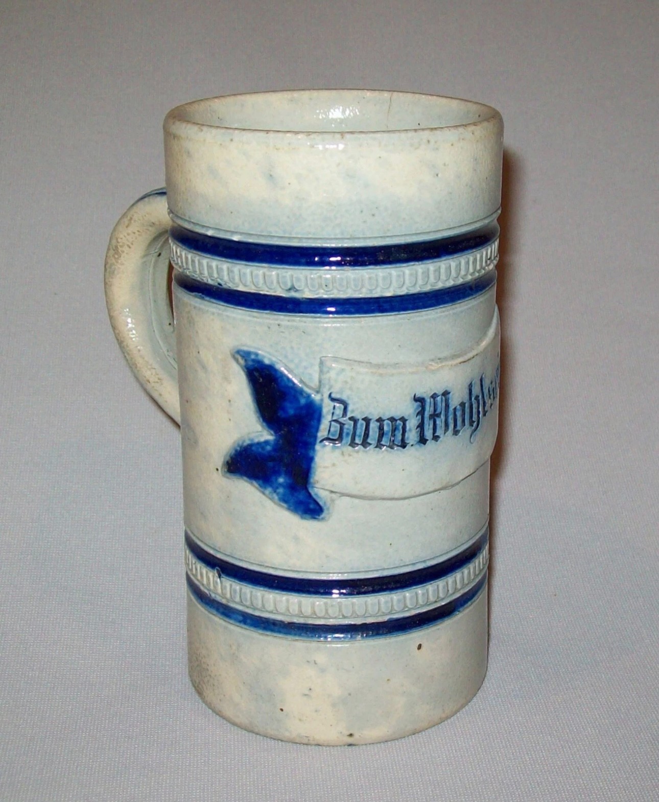 Old Antique Vtg Ca 1800s Blue Grey Stoneware Mug B&D Stein German Bum Wohlsein