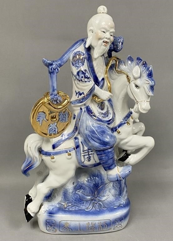 Vintage Chinese Blue White Gilt Porcelain Sage Immortal Riding Horse Statue 16.5 Vintage Chinese Blue White Gilt Porcelain Sage Immortal Riding Horse Statue 16.5