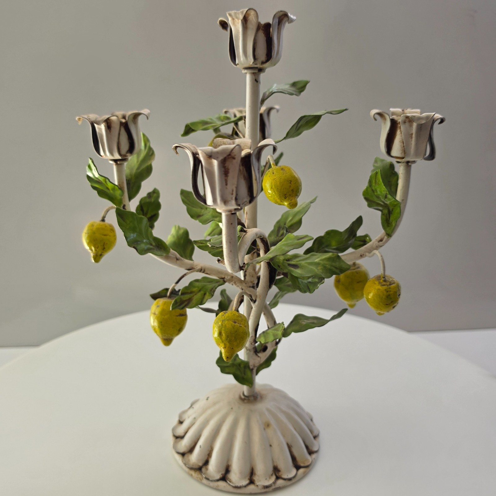 Vintage Italian Toleware Metal Candle Holder Leaves Fruits 14