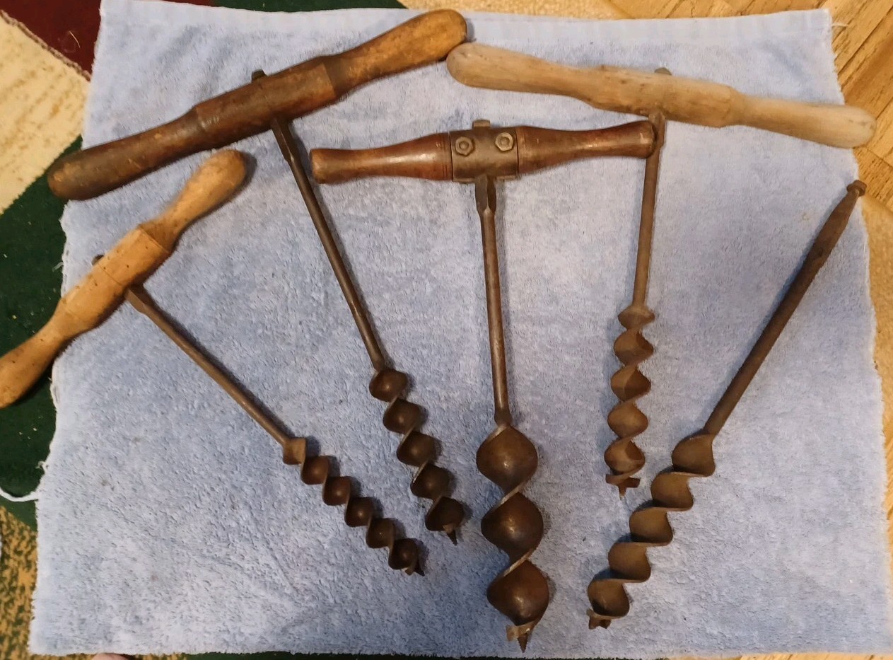 T Handle Wood Drills LOT of 5 Timber Frame Boring vintage auger barn beam Used T Handle Wood Drills LOT of 5 Timber Frame Boring vintage auger barn beam Used