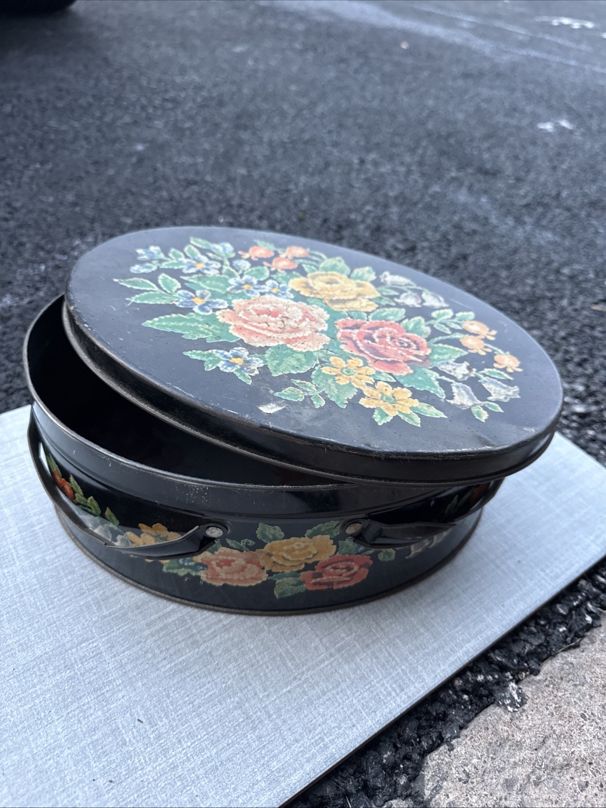 Vintage Oval Metal Sewing Tin Black Floral Roses Needlework Button Storage Box