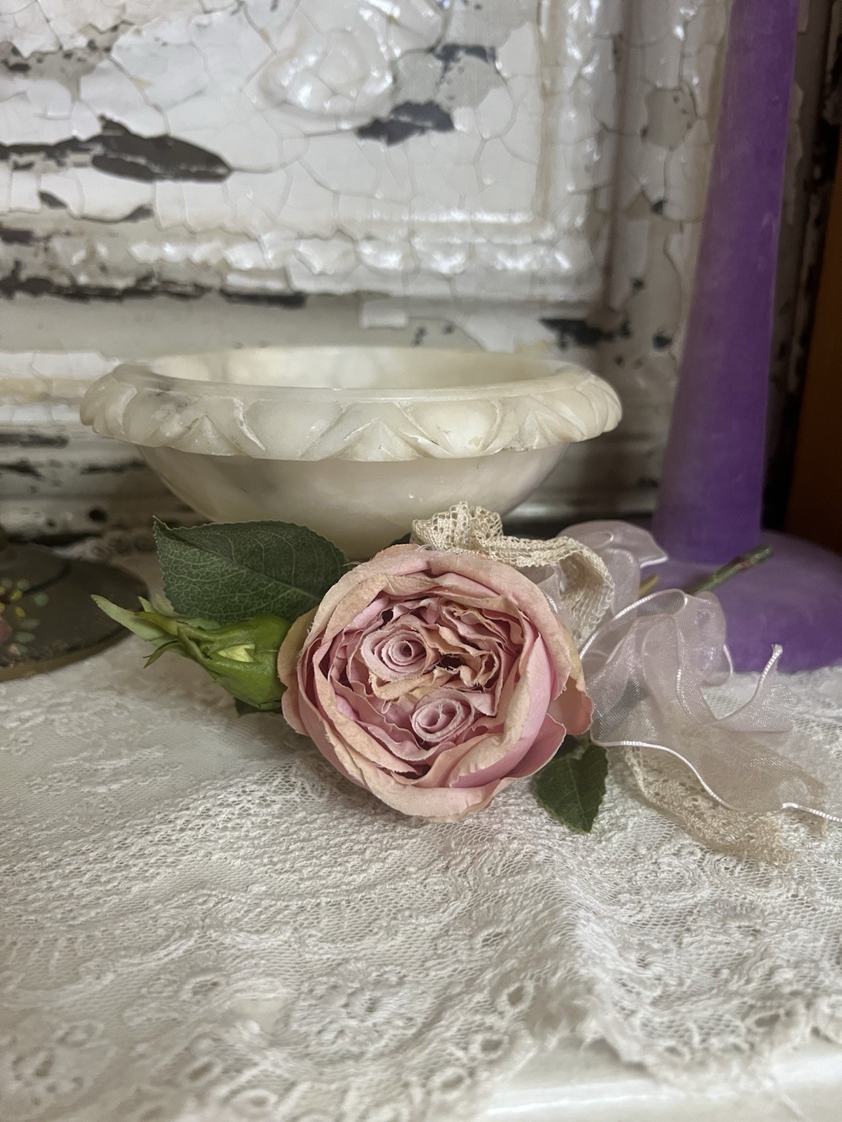 Vintage Alabaster Marble Birdbath Italy Missing Birds.
