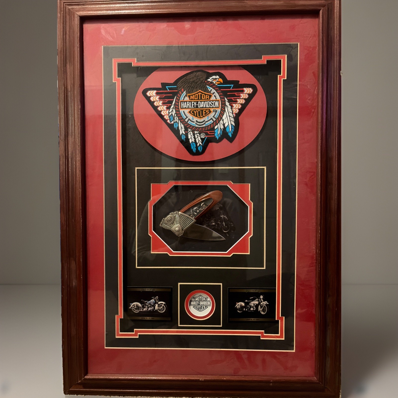 Franklin Mint Harley Davidson Engine Collector Knife Shadow Box Framed Display