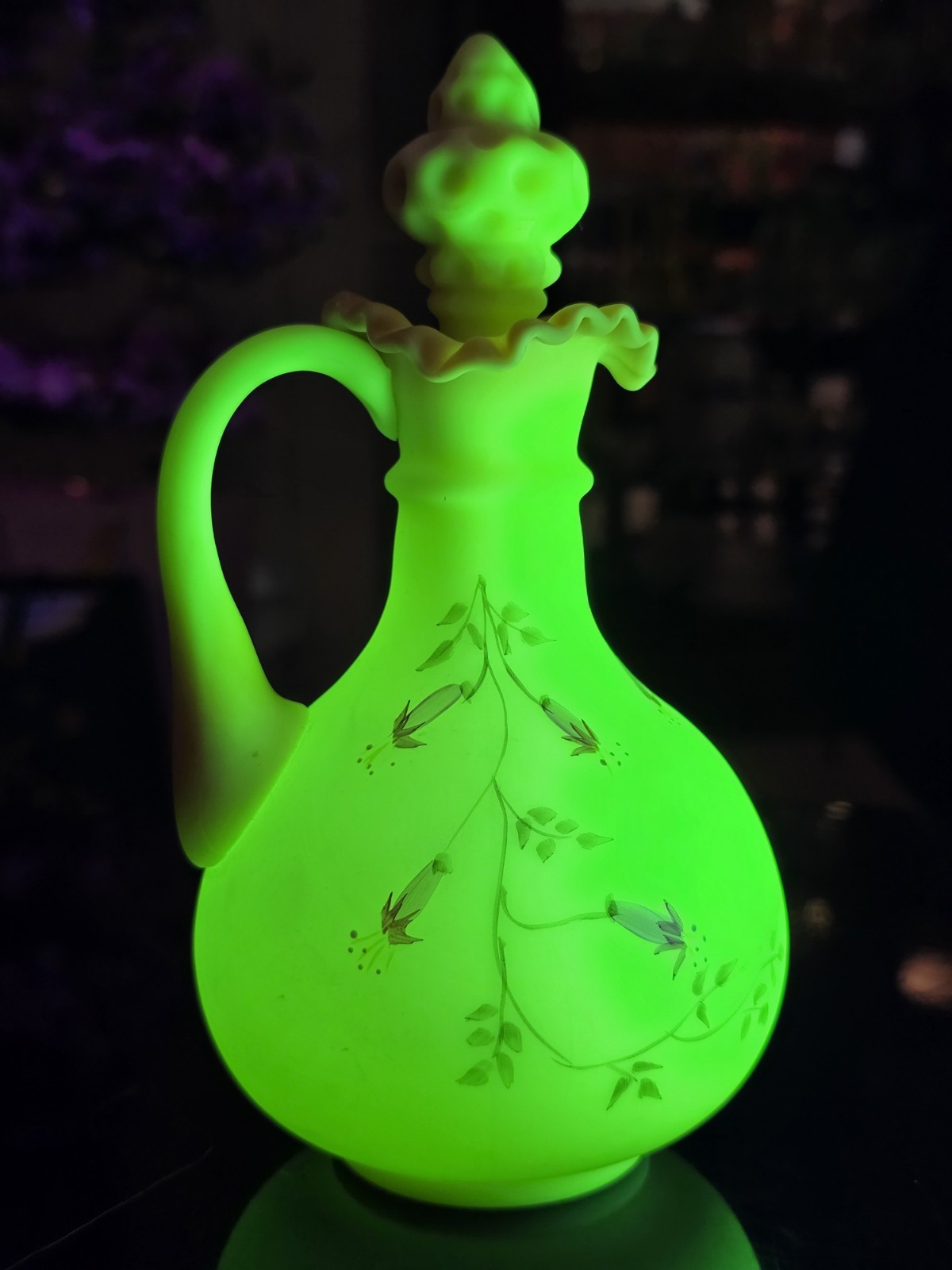 Fenton 85th Anniversary Burmese Cruet / Vase Petite Floral Design - 1990 (Glows)