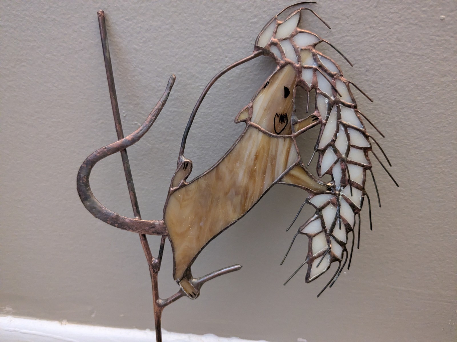 Stained Glass Field Mouse on Copper Wheat Stalk Stained Glass Field Mouse on Copper Wheat Stalk