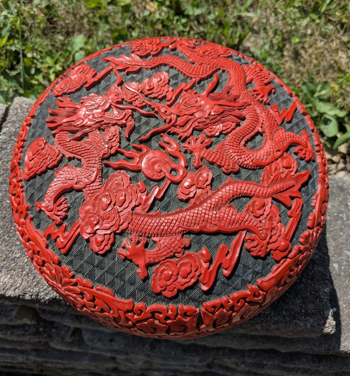 Antique Red Cinnabar Carved Dragon Floral Red Laquer Asian Round Trinket Box Antique Red Cinnabar Carved Dragon Floral Red Laquer Asian Round Trinket Box