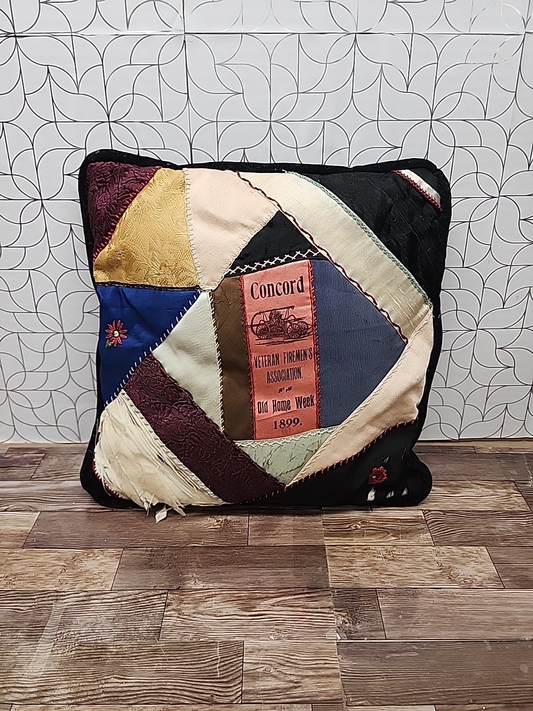 Antique VICTORIAN CRAZY QUILT PILLOW Velvets Old Home Week 1899 Veteran Firemen