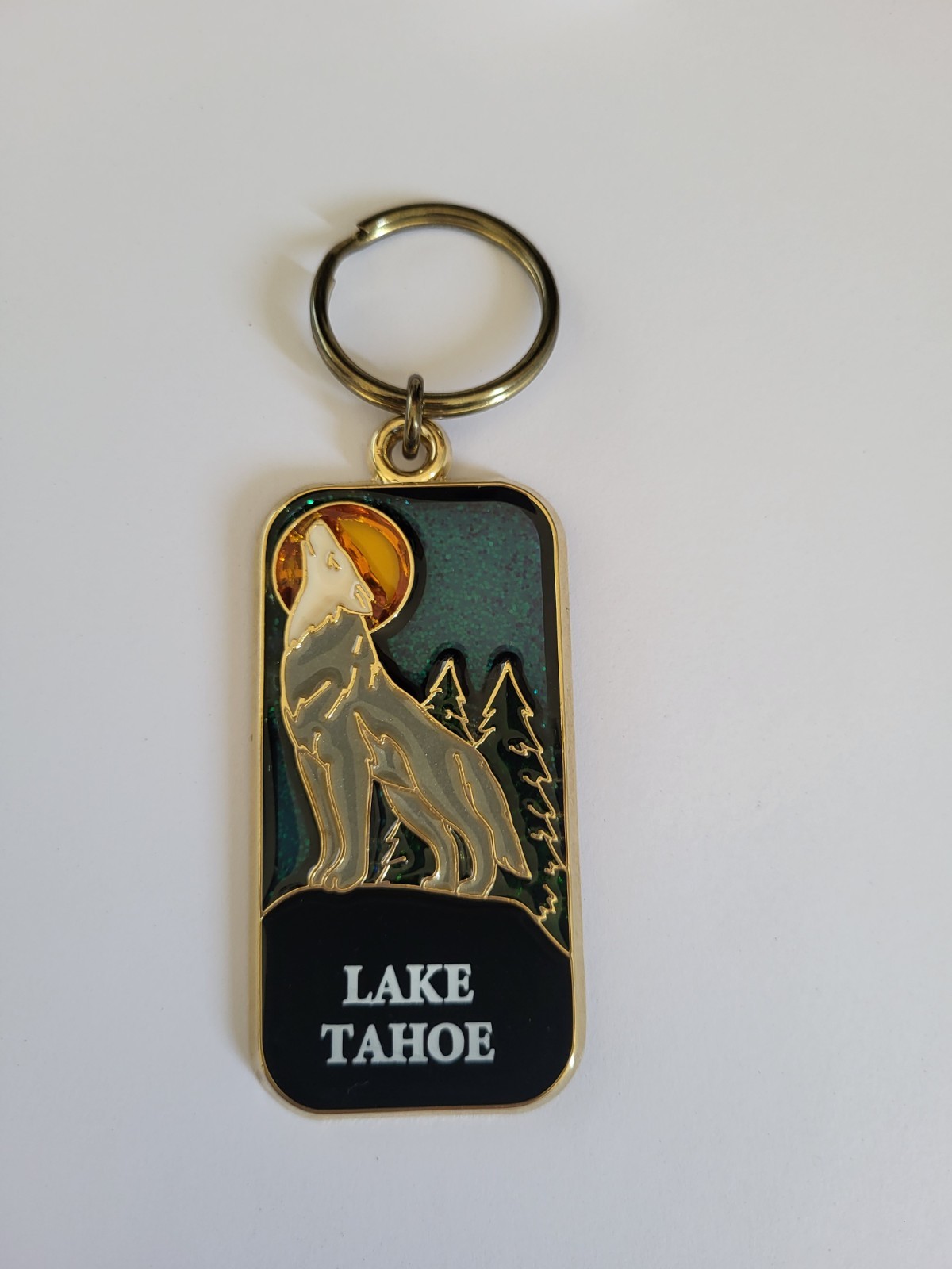 Vintage 80s Lake Tahoe Glittery Wolf Moon Keychain