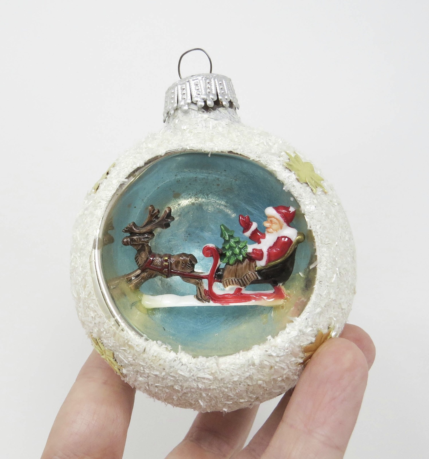 Jumbo Vtg Hand Blown Santa Claus & Sleigh Diorama Ornament ~ West Germany ~ 3\