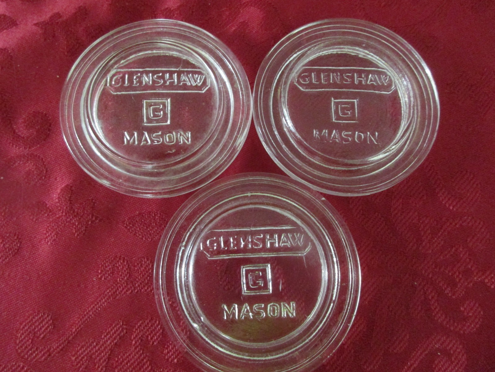 GLENSHAW MASON FRUIT CANNING JAM JAR GLASS LID - Lot of 3