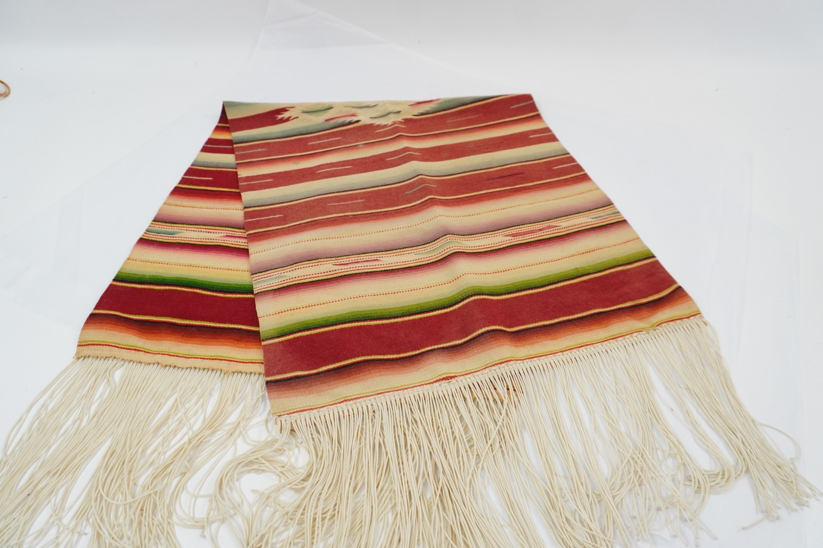 1950s Vintage Mexican Saltillo Serape Blanket Center Diamond Fringe 39x14 R114 1950s Vintage Mexican Saltillo Serape Blanket Center Diamond Fringe 39x14 R114