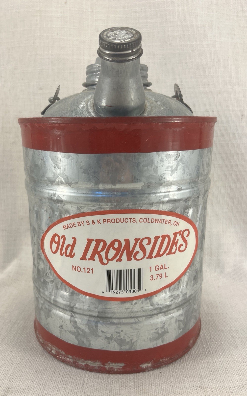 NEW NOS Old Ironsides Red Rim Galvanized Metal Gasoline Can 1 Gal Coldwater USA