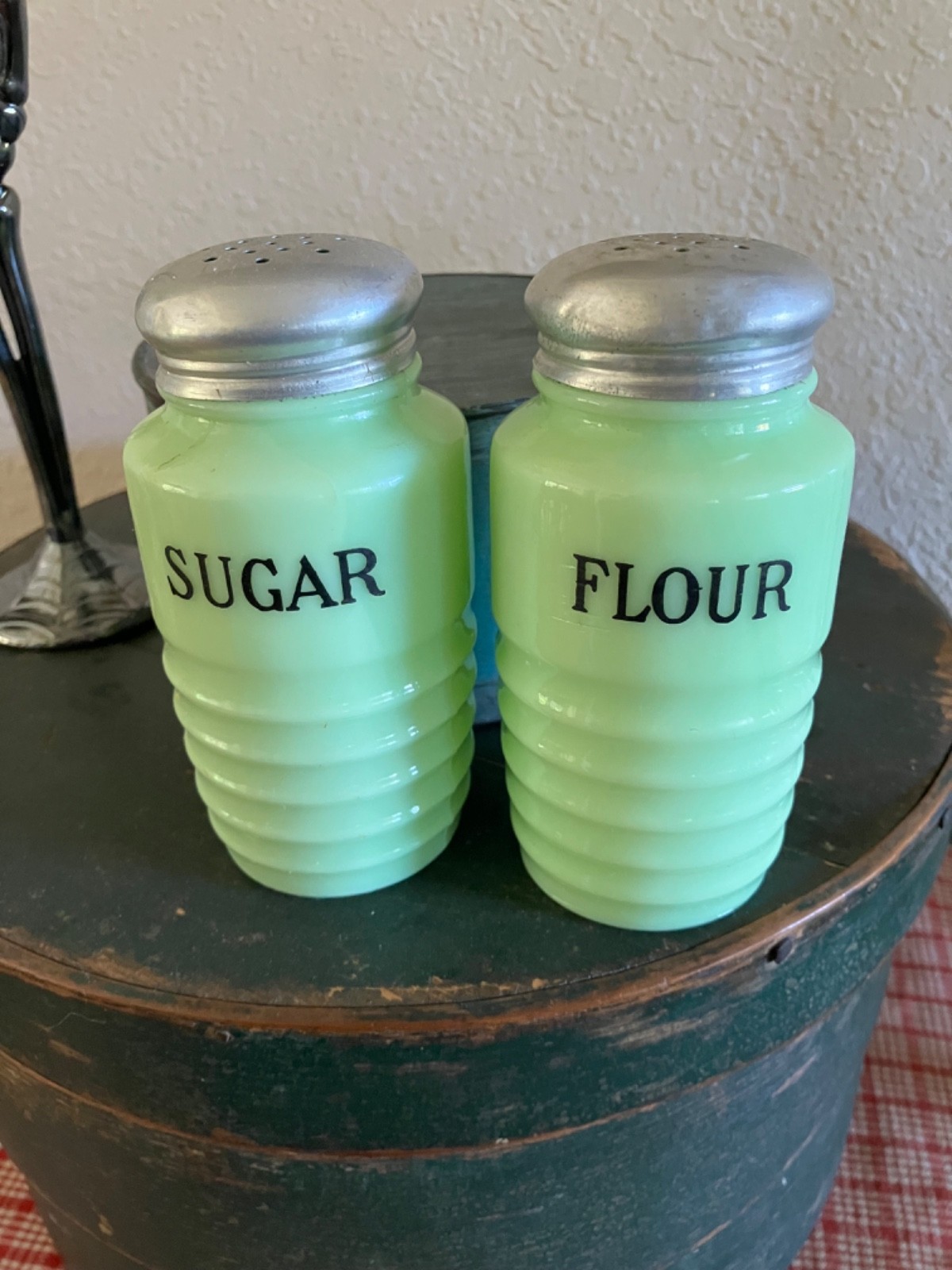 Pair of Vintage Jadite Green Ribbed Shakers, Flour & Sugar, Nearly Perfect Lids